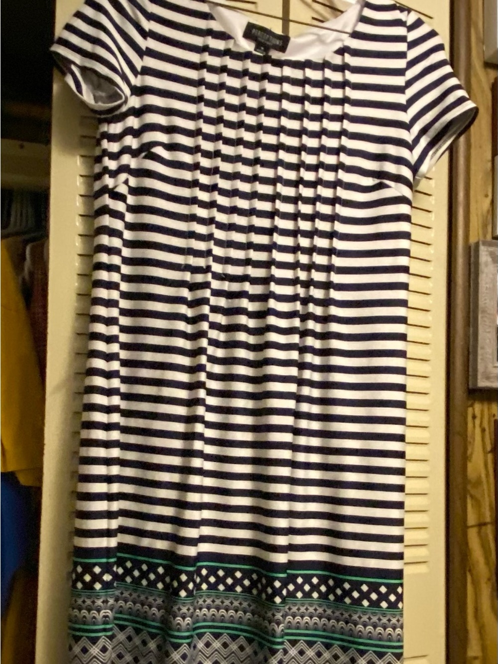 Petite Navy and White Striped dress with Geometric Border